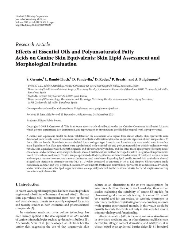 Effects of Essential Oils and Polyunsaturated Fatty Acids on Canine Skin Equivalents: Skin Lipid Assessment and Morphological Evaluation