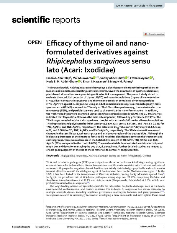 Efficacy of thyme oil and nano-formulated derivatives against Rhipicephalus sanguineus sensu lato (Acari: Ixodidae)