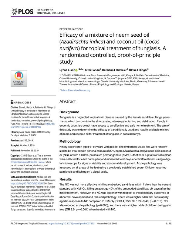 Efficacy of a mixture of neem seed oil (Azadirachta indica) and coconut oil (Cocos nucifera) for topical treatment of tungiasis. A randomized controlled, proof-of-principle study