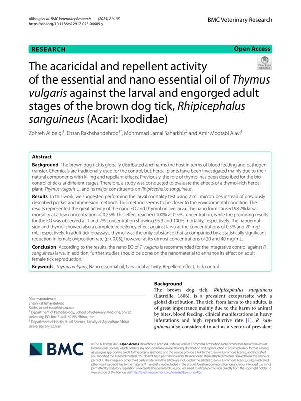 The acaricidal and repellent activity of the essential and nano essential oil of Thymus vulgaris against the larval and engorged adult stages of the brown dog tick, Rhipicephalus sanguineus (Acari: Ixodidae)
