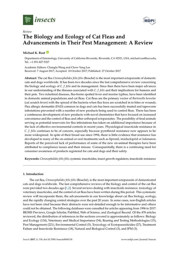 The Biology and Ecology of Cat Fleas and Advancements in Their Pest Management: A Review