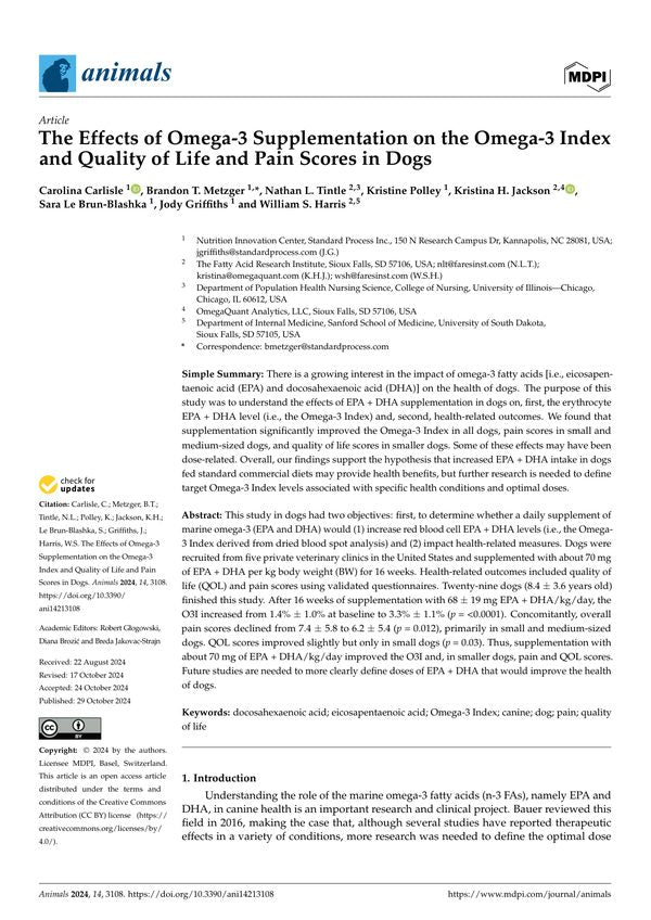 The Effects of Omega-3 Supplementation on the Omega-3 Index and Quality of Life and Pain Scores in Dogs