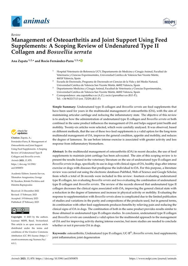 Management of Osteoarthritis and Joint Support Using Feed Supplements: A Scoping Review of Undenatured Type II Collagen and Boswellia serrata