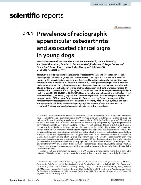 Prevalence of radiographic appendicular osteoarthritis and associated clinical signs in young dogs