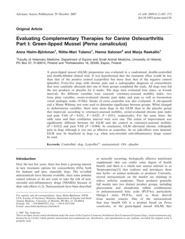 Evaluating Complementary Therapies for Canine Osteoarthritis Part I: Green-lipped Mussel (Perna canaliculus)
