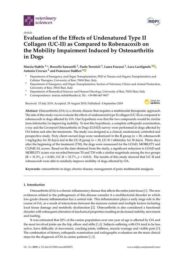 Evaluation of the Effects of Undenatured Type II Collagen (UC-II) as Compared to Robenacoxib on the Mobility Impairment Induced by Osteoarthritis in Dogs