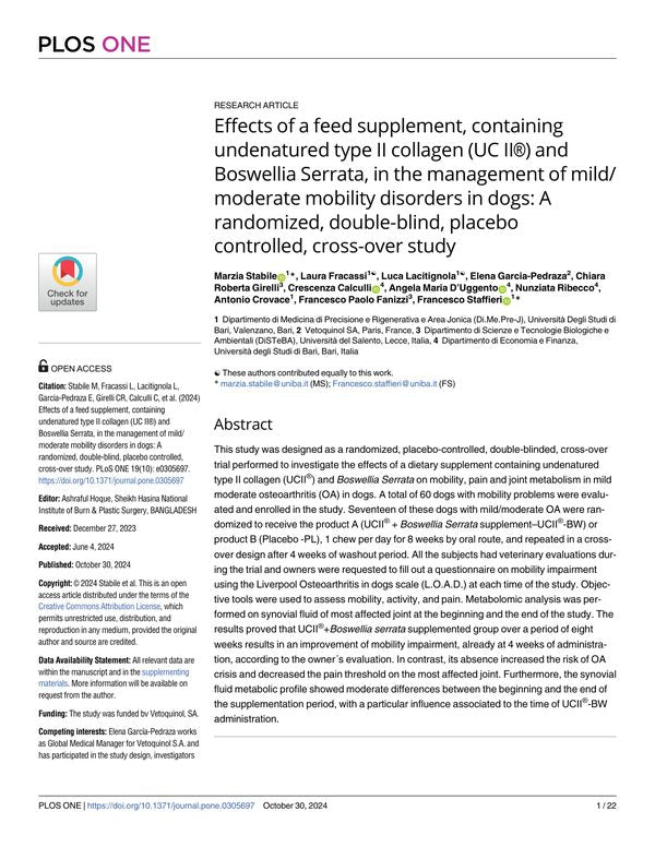 Effects of a feed supplement, containing undenatured type II collagen (UC II®) and Boswellia Serrata, in the management of mild/moderate mobility disorders in dogs: A randomized, double-blind, placebo controlled, cross-over study