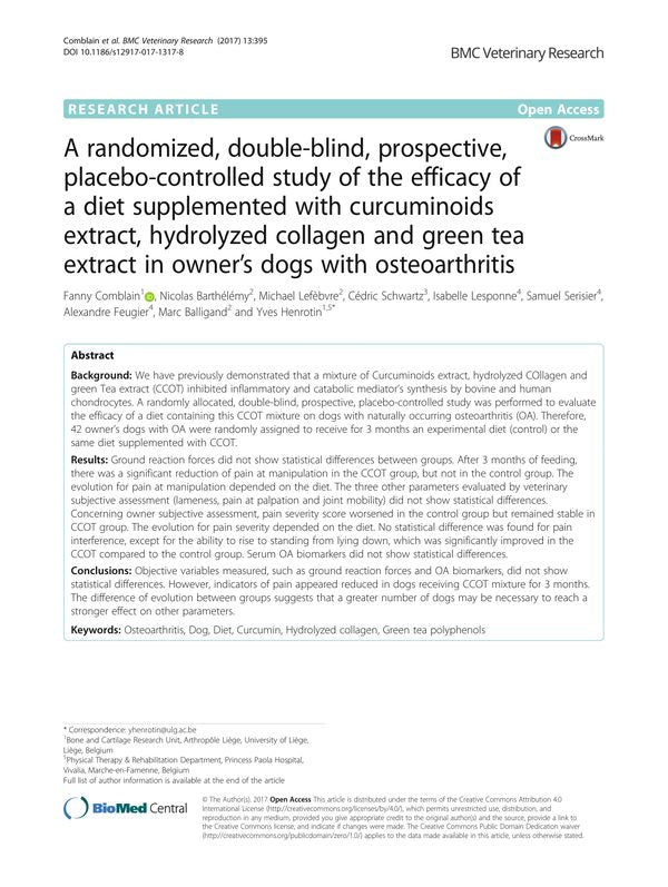A randomized, double-blind, prospective, placebo-controlled study of the efficacy of a diet supplemented with curcuminoids extract, hydrolyzed collagen and green tea extract in owner's dogs with osteoarthritis