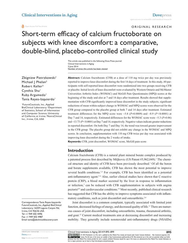 Short-term efficacy of calcium fructoborate on subjects with knee discomfort: a comparative, double-blind, placebo-controlled clinical study