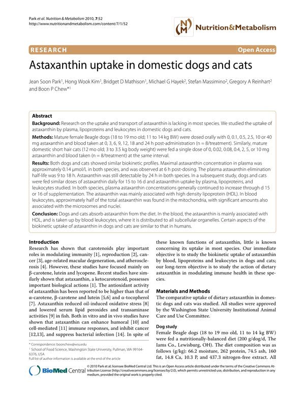 Astaxanthin uptake in domestic dogs and cats
