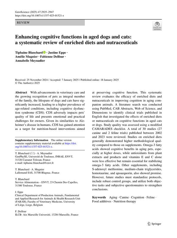 Enhancing cognitive functions in aged dogs and cats: a systematic review of enriched diets and nutraceuticals