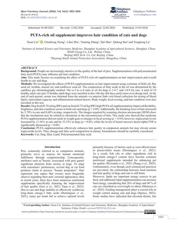 PUFA-rich oil supplement improves hair condition of cats and dogs