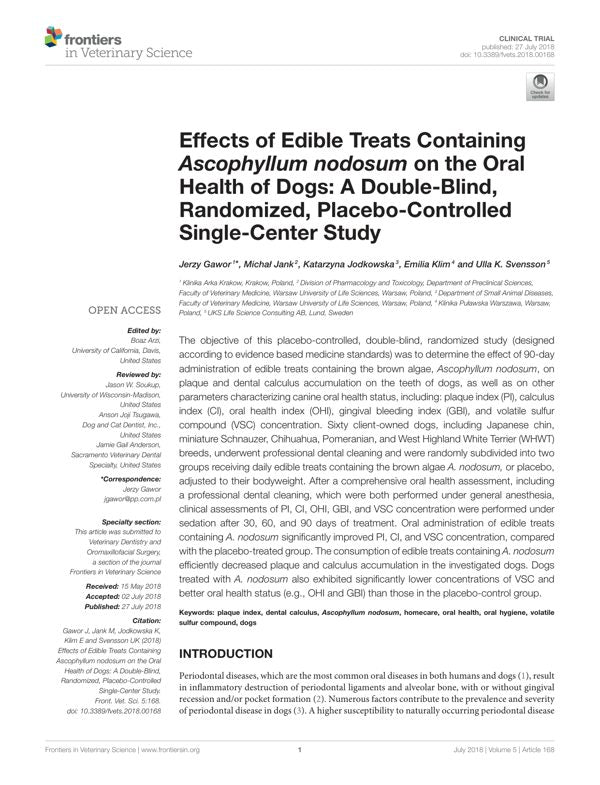Effects of Edible Treats Containing Ascophyllum nodosum on the Oral Health of Dogs: A Double-Blind, Randomized, Placebo-Controlled Single-Center Study