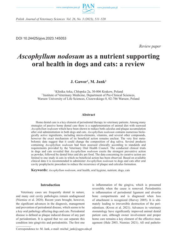 Ascophyllum nodosum as a nutrient supporting oral health in dogs and cats: a review