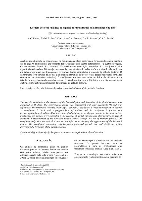 Effectiveness of buccal hygiene coadjutants used in dog feeding