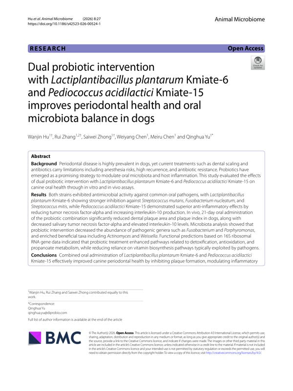 Dual probiotic intervention with Lactiplantibacillus plantarum Kmiate-6 and Pediococcus acidilactici Kmiate-15 improves periodontal health and oral microbiota balance in dogs