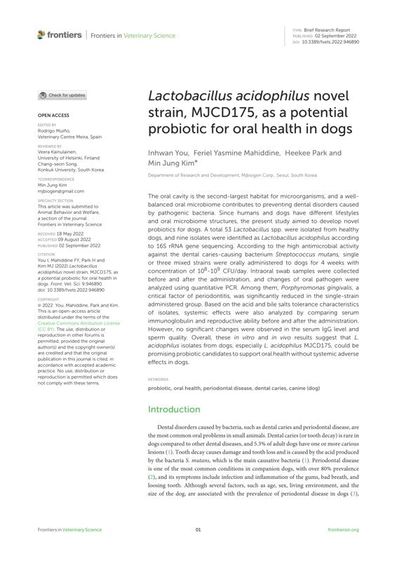 Lactobacillus acidophilus novel strain, MJCD175, as a potential probiotic for oral health in dogs