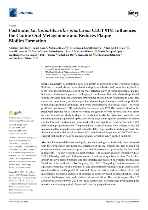 Postbiotic Lactiplantibacillus plantarum CECT 9161 Influences the Canine Oral Metagenome and Reduces Plaque Biofilm Formation