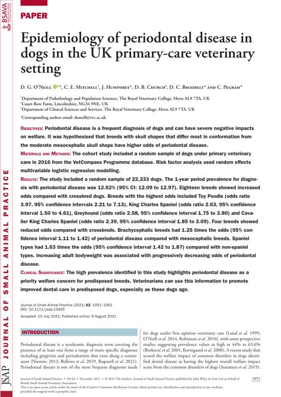 Epidemiology of periodontal disease in dogs in the UK primary-care veterinary setting