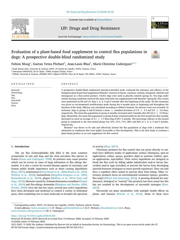 Evaluation of a plant-based food supplement to control flea populations in dogs: A prospective double-blind randomized study