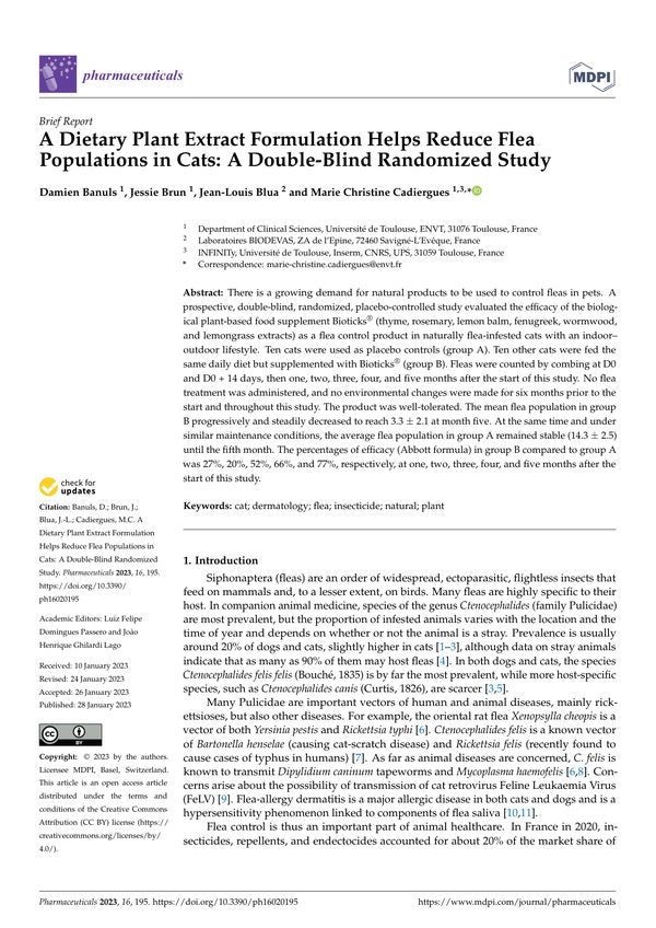A Dietary Plant Extract Formulation Helps Reduce Flea Populations in Cats: A Double-Blind Randomized Study