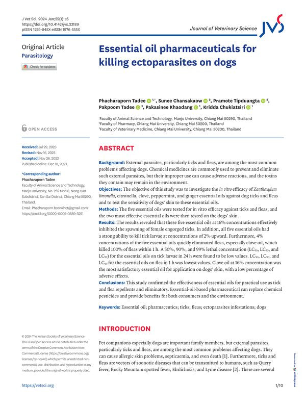 Essential oil pharmaceuticals for killing ectoparasites on dogs