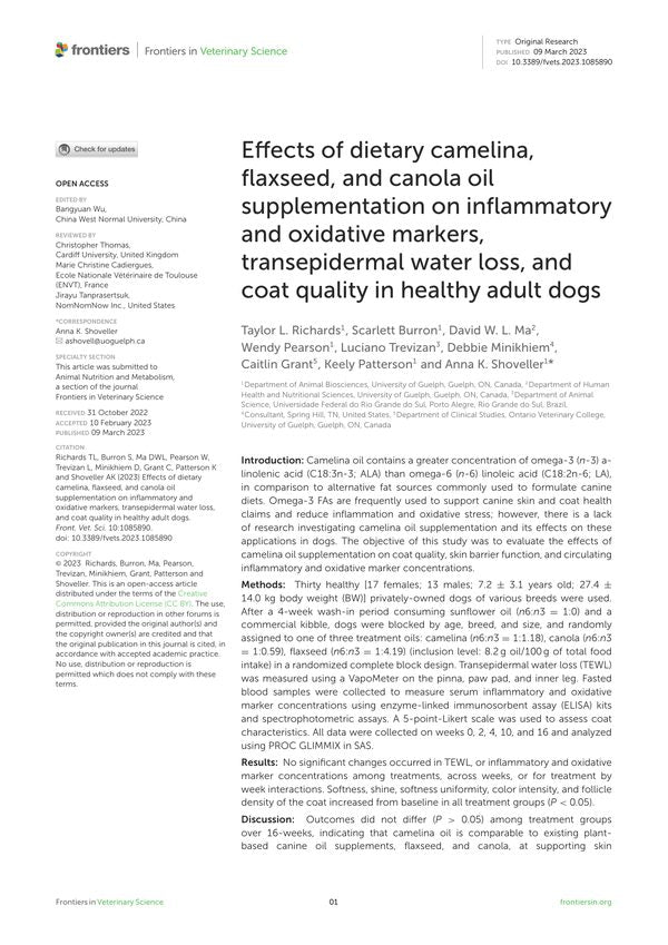 Effects of dietary camelina, flaxseed, and canola oil supplementation on inflammatory and oxidative markers, transepidermal water loss, and coat quality in healthy adult dogs