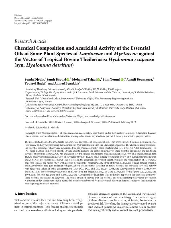 Chemical Composition and Acaricidal Activity of the Essential Oils of Some Plant Species of Lamiaceae and Myrtaceae against the Vector of Tropical Bovine Theileriosis: Hyalomma scupense (syn. Hyalomma detritum)