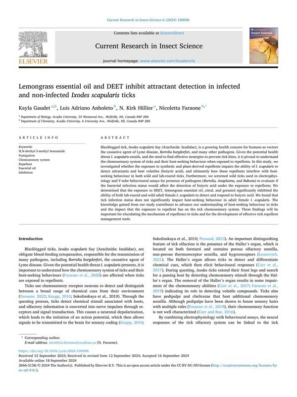 Lemongrass essential oil and DEET inhibit attractant detection in infected and non-infected Ixodes scapularis ticks