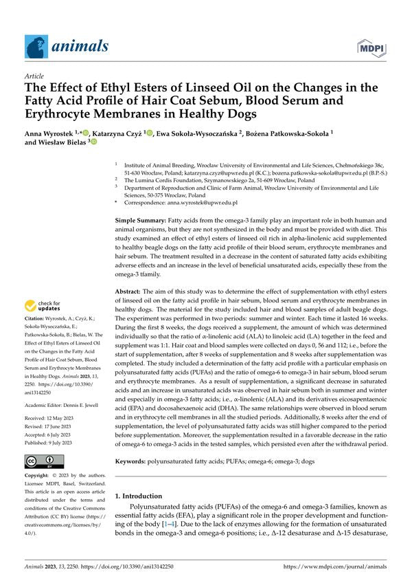 The Effect of Ethyl Esters of Linseed Oil on the Changes in the Fatty Acid Profile of Hair Coat Sebum, Blood Serum and Erythrocyte Membranes in Healthy Dogs