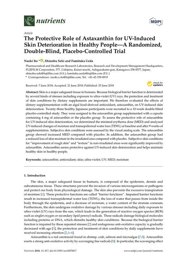 The Protective Role of Astaxanthin for UV-Induced Skin Deterioration in Healthy People-A Randomized, Double-Blind, Placebo-Controlled Trial