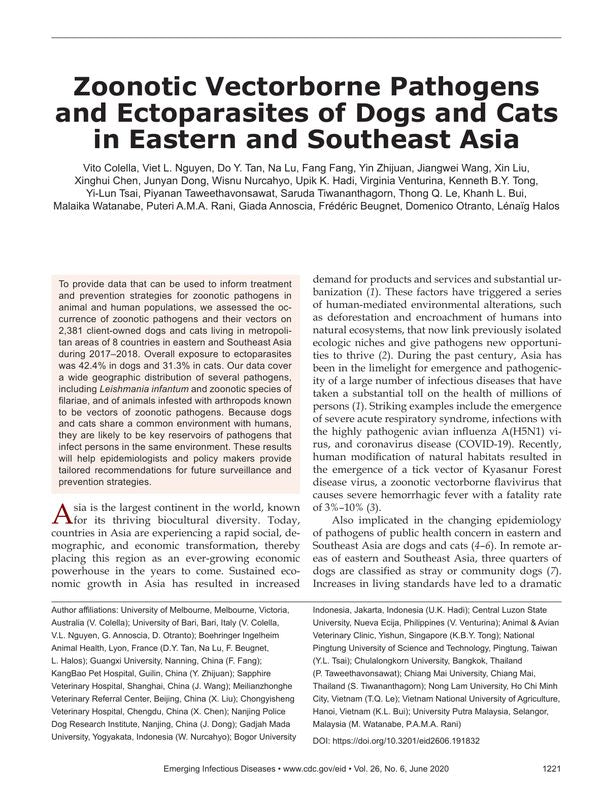 Zoonotic Vectorborne Pathogens and Ectoparasites of Dogs and Cats in Eastern and Southeast Asia