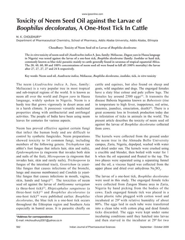 Toxicity of Neem Seed Oil against the Larvae of Boophilus decoloratus, A One-Host Tick In Cattle