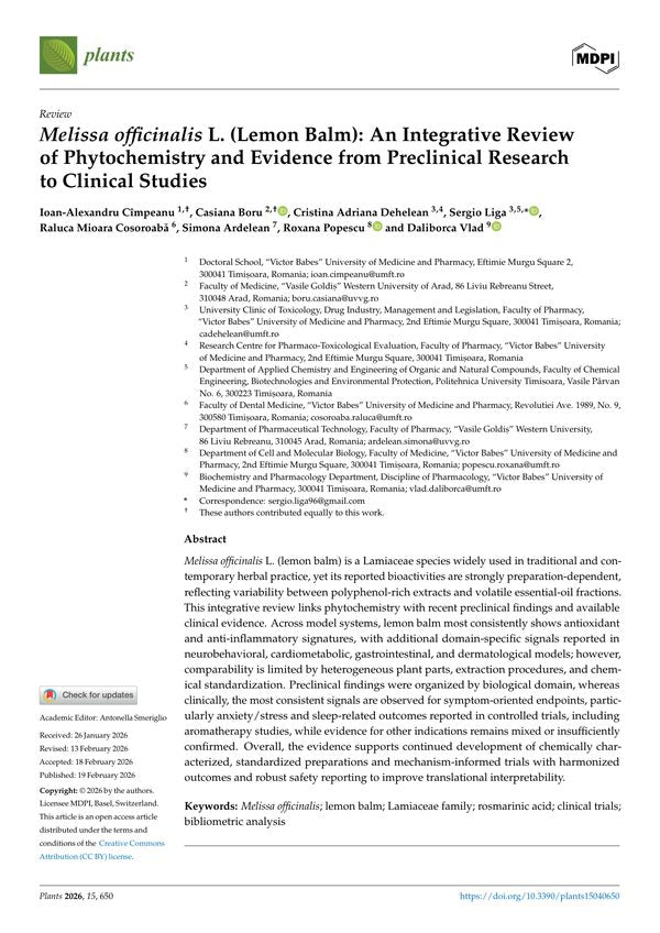 Melissa officinalis L. (Lemon Balm): An Integrative Review of Phytochemistry and Evidence from Preclinical Research to Clinical Studies