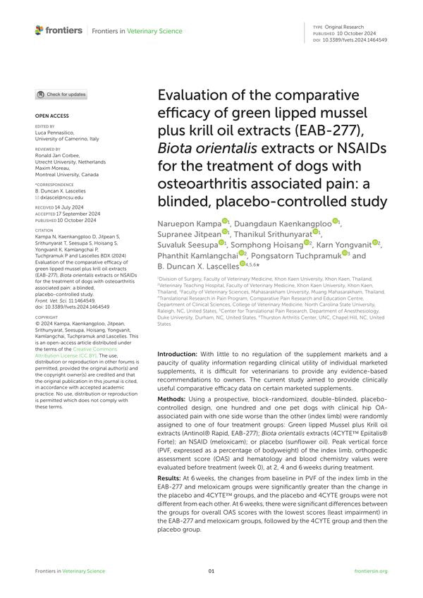 Evaluation of the comparative efficacy of green lipped mussel plus krill oil extracts (EAB-277), Biota orientalis extracts or NSAIDs for the treatment of dogs with osteoarthritis associated pain: a blinded, placebo-controlled study