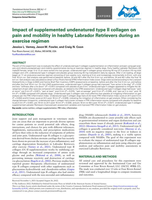 Impact of supplemented undenatured type II collagen on pain and mobility in healthy Labrador Retrievers during an exercise regimen