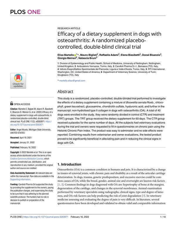 Efficacy of a dietary supplement in dogs with osteoarthritis: A randomized placebo-controlled, double-blind clinical trial