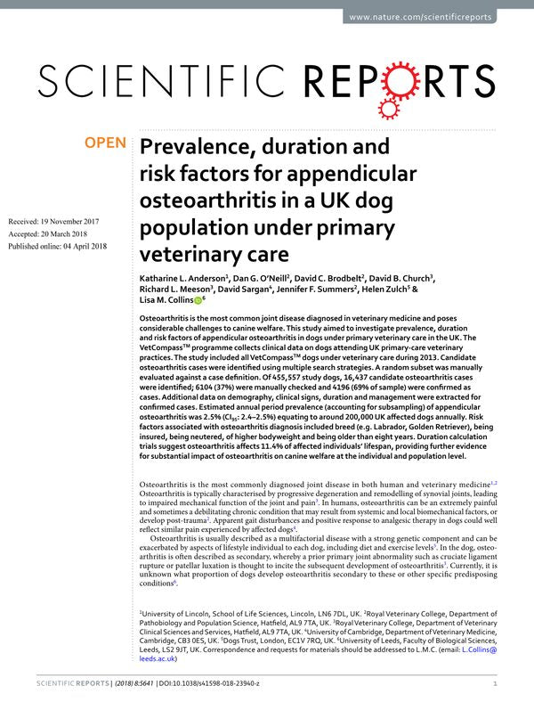Prevalence, duration and risk factors for appendicular osteoarthritis in a UK dog population under primary veterinary care