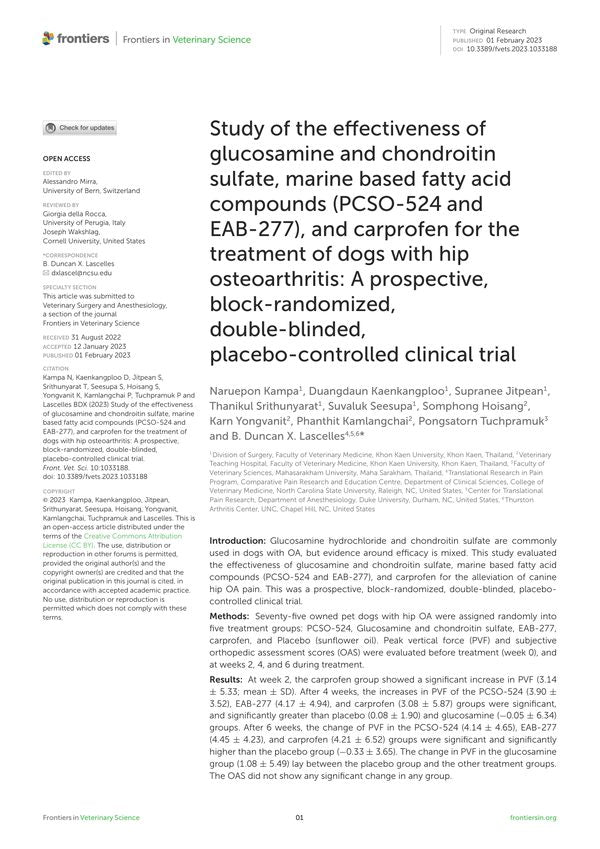 Study of the effectiveness of glucosamine and chondroitin sulfate, marine based fatty acid compounds (PCSO-524 and EAB-277), and carprofen for the treatment of dogs with hip osteoarthritis: A prospective, block-randomized, double-blinded, placebo-controlled clinical trial