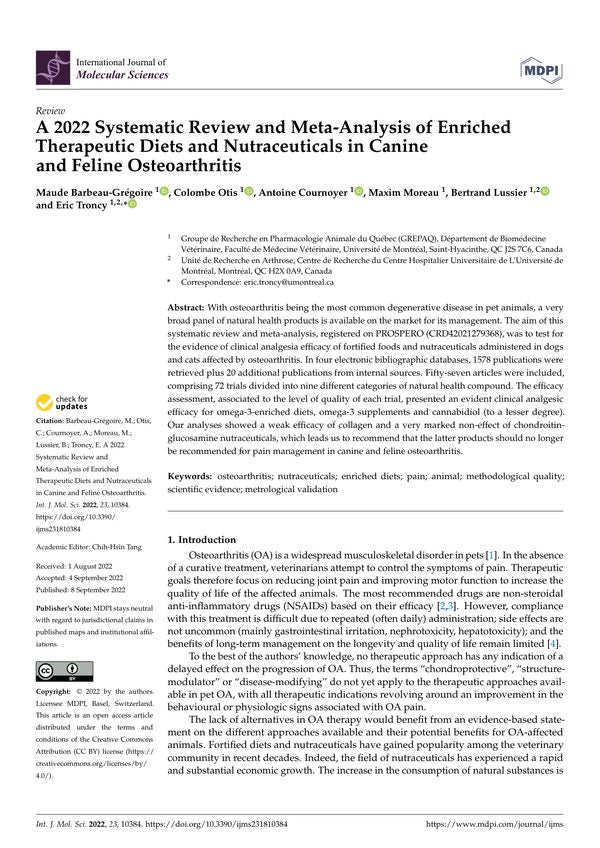 A 2022 Systematic Review and Meta-Analysis of Enriched Therapeutic Diets and Nutraceuticals in Canine and Feline Osteoarthritis