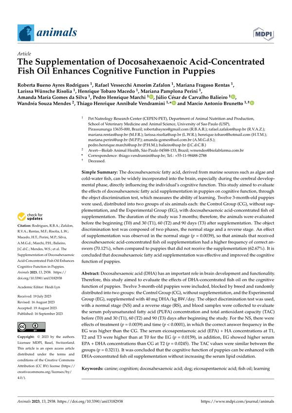 The Supplementation of Docosahexaenoic Acid-Concentrated Fish Oil Enhances Cognitive Function in Puppies