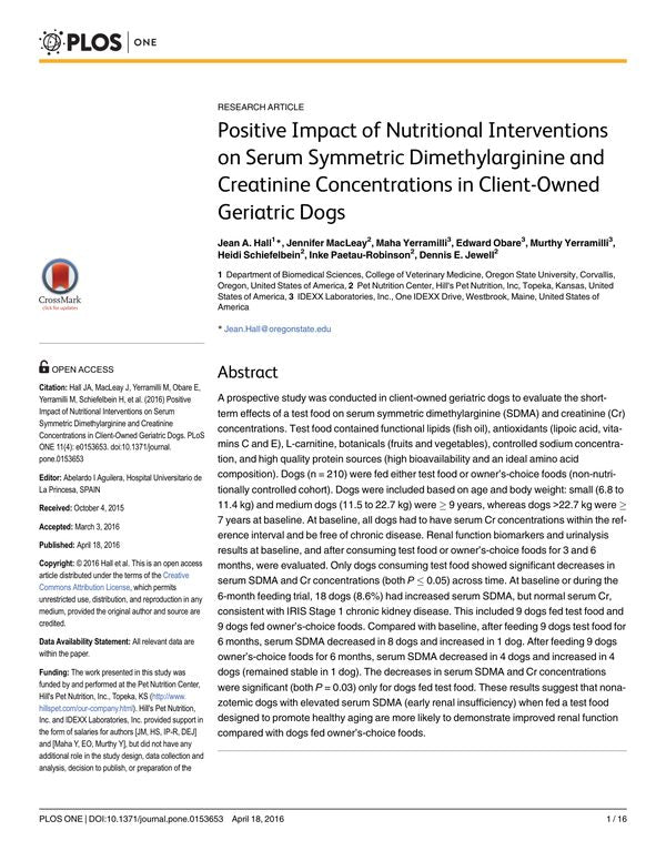 Positive Impact of Nutritional Interventions on Serum Symmetric Dimethylarginine and Creatinine Concentrations in Client-Owned Geriatric Dogs