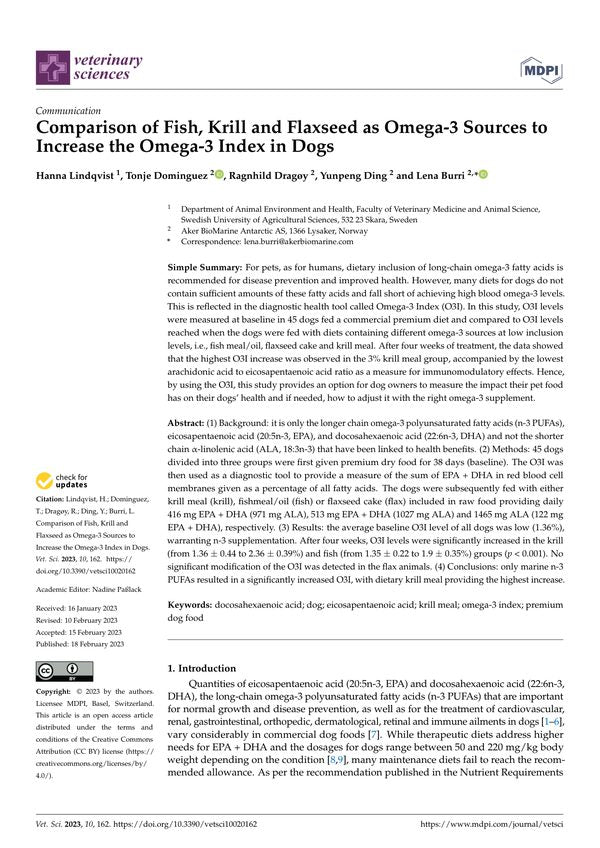 Comparison of Fish, Krill and Flaxseed as Omega-3 Sources to Increase the Omega-3 Index in Dogs