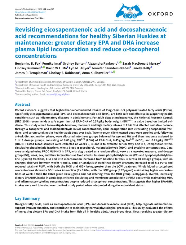 Revisiting eicosapentaenoic acid and docosahexaenoic acid recommendations for healthy Siberian Huskies at maintenance: greater dietary EPA and DHA increase plasma lipid incorporation and reduce α-tocopherol concentrations