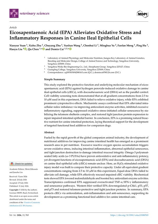 Eicosapentaenoic Acid (EPA) Alleviates Oxidative Stress and Inflammatory Responses in Canine Ileal Epithelial Cells