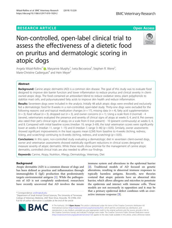 Non-controlled, open-label clinical trial to assess the effectiveness of a dietetic food on pruritus and dermatologic scoring in atopic dogs