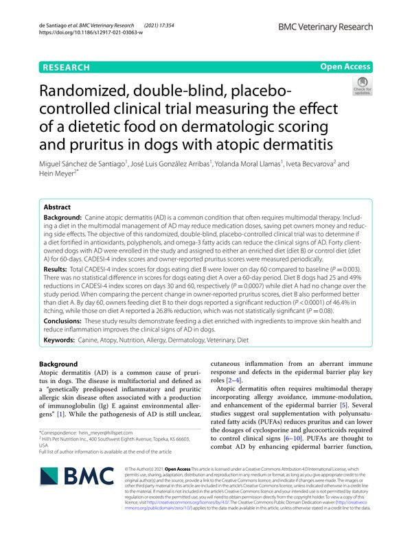 Randomized, double-blind, placebo-controlled clinical trial measuring the effect of a dietetic food on dermatologic scoring and pruritus in dogs with atopic dermatitis