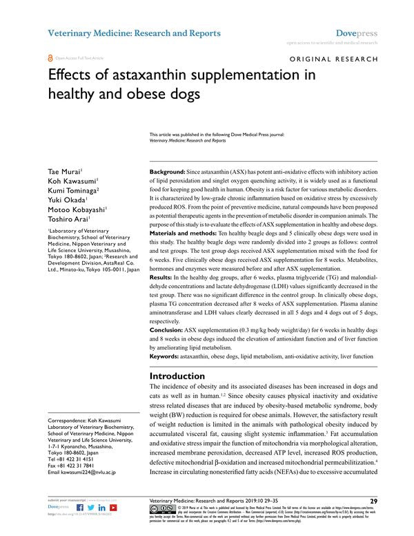 Effects of astaxanthin supplementation in healthy and obese dogs